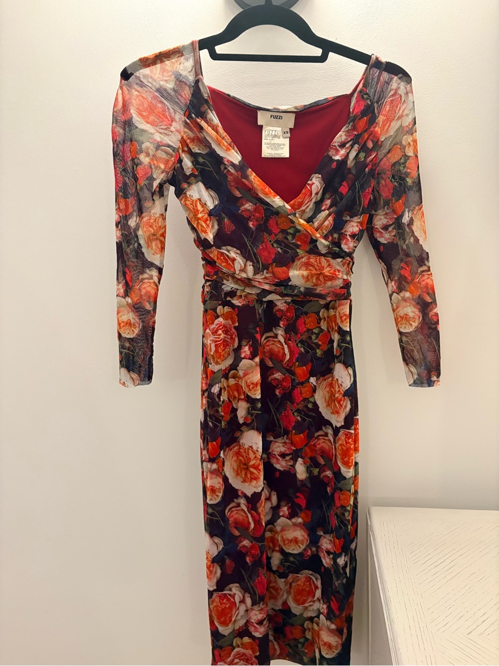 Fuzzi Floral Wrap Midi Dress in Red and Black